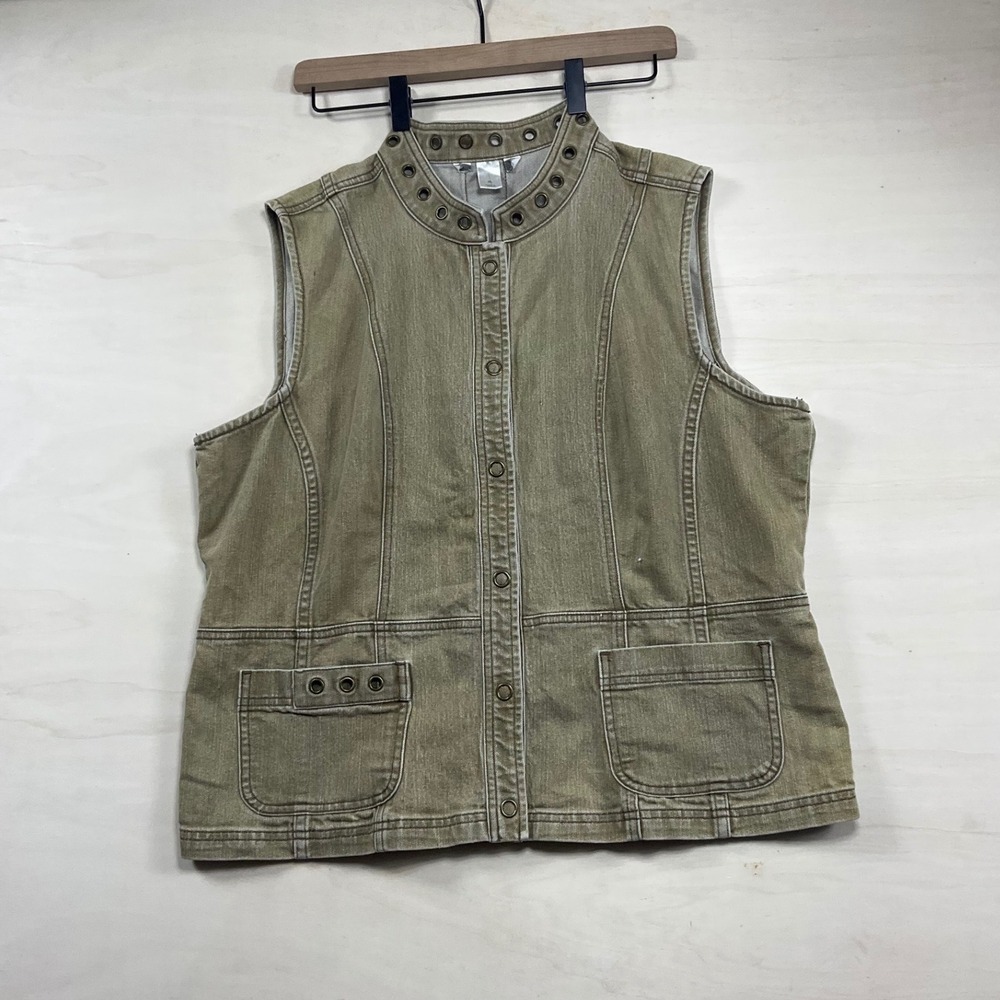Vintage Grommet Studded Denim Vest khaki Utility Snap Front Xl